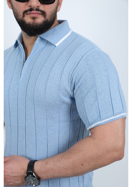 Bebe Mavisi Yarım Fermuarlı Polo Yaka Düz Triko Örme Tişört modelleri