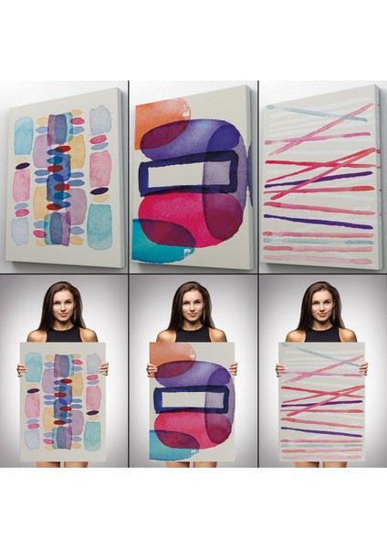 Suluboya Görünümlü Soyut Desenler Duvar Tablosu Üçlü Set-Dü-99 modelleri