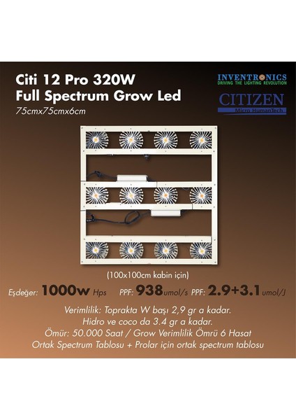 Citi 12 Pro 320W Full Spectrum Grow LED Lamba