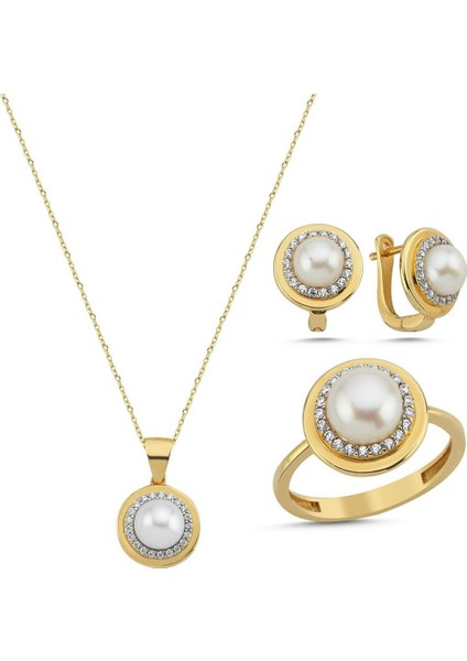 14 Ayar Altın 6 mm Doğal Inci Küpe Kolye Yüzük Üçlü Set