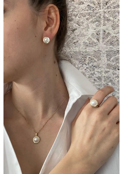 14 Ayar Altın 6 mm Doğal Inci Küpe Kolye Yüzük Üçlü Set fiyatları