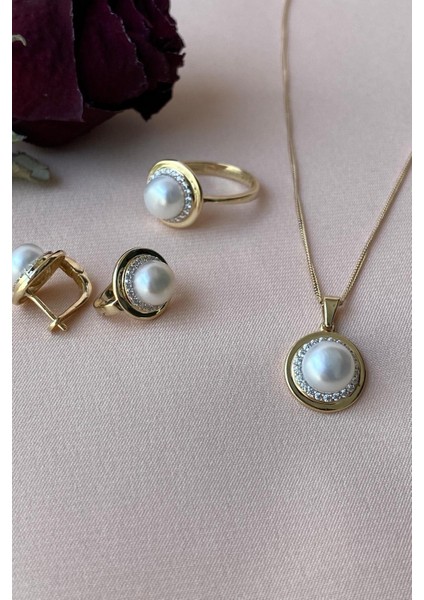 14 Ayar Altın 6 mm Doğal Inci Küpe Kolye Yüzük Üçlü Set modelleri