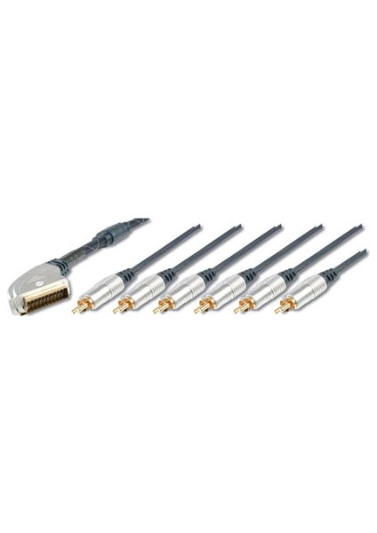 Ev Sinema Sistemleri İçin Yüksek Kaliteli Scart Kablosu, Scart Erkek &lt;=&gt; 4 x RCA Erkek (Ses için), 2 x RCA Erkek (Görüntü için), Ferrite Filtreli, 1.50 Metre