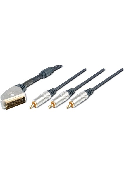 Ev Sinema Sistemleri İçin Yüksek Kaliteli Scart Kablosu, Scart 21 pin Erkek &lt;=&gt; 3 x RCA Erkek (1 x görüntü (video için) , 2 x ses (audio için), Ferrite Filtreli, 1.50 Metre