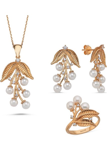 14 Ayar Altın 4 mm Zeytin Dalı Doğal Incili Küpe Kolye Yüzük Üçlü Set