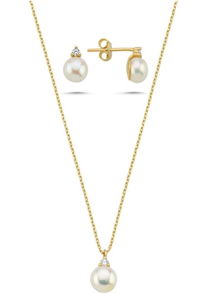 14 Ayar Altın 8 mm Doğal İnci 0,12 ct Pırlantalı Küpe Kolye İkili Set