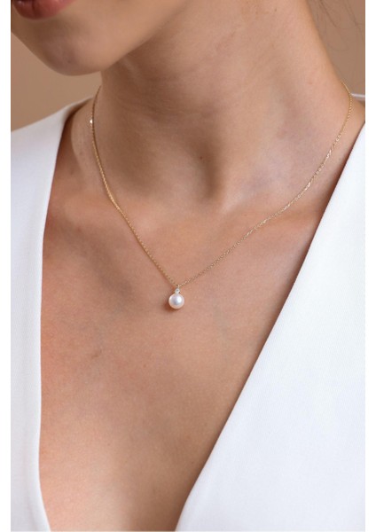 14 Ayar Altın 8 mm Doğal İnci 0,12 ct Pırlantalı Küpe Kolye İkili Set modelleri