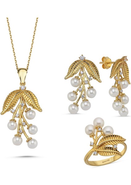 14 Ayar Altın 4 mm Zeytin Dalı Doğal Incili Küpe Kolye Yüzük Üçlü Set