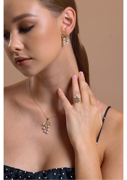 14 Ayar Altın 4 mm Zeytin Dalı Doğal Incili Küpe Kolye Yüzük Üçlü Set fiyatları