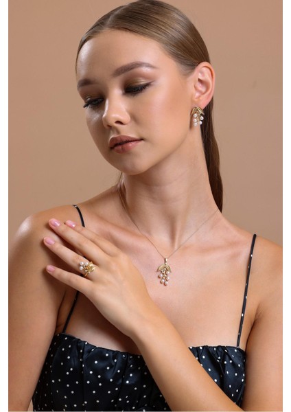 14 Ayar Altın 4 mm Zeytin Dalı Doğal Incili Küpe Kolye Yüzük Üçlü Set modelleri