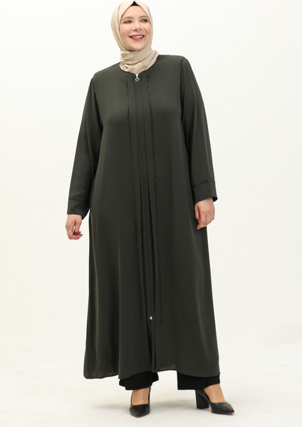 Büyük Beden Taş Baskılı Ferace 4005X-02 Haki