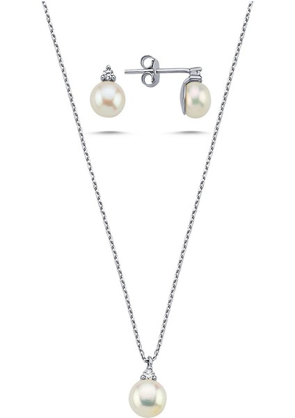 14 Ayar Altın 8 mm Doğal İnci 0,12 ct Pırlantalı Küpe Kolye İkili Set