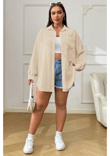 Kadın Bej Tek Cepli Bürümcük Oversize Gömlek