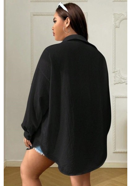 Kadın Siyah Tek Cepli Bürümcük Oversize Gömlek