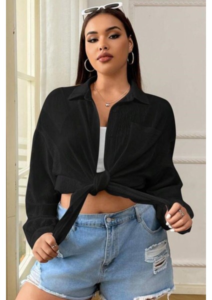 Kadın Siyah Tek Cepli Bürümcük Oversize Gömlek