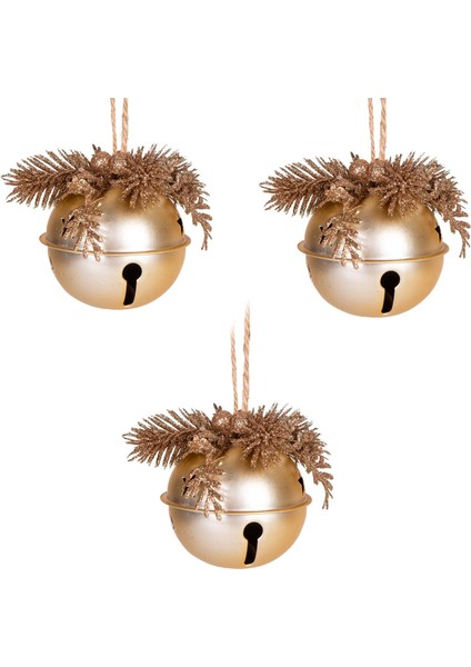Yılbaşı Ağaç Süsü Çıngıraklı Yılbaşı Topu 3'lü Set Simli Berry Süslü Gold 8 cm .