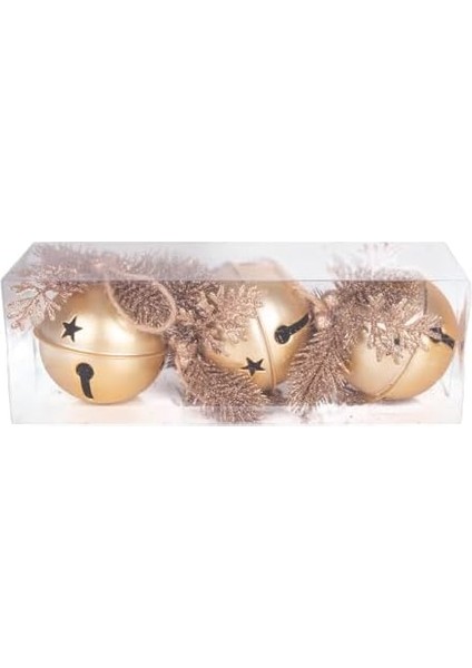 Yılbaşı Ağaç Süsü Çıngıraklı Yılbaşı Topu 3'lü Set Simli Berry Süslü Gold 8 cm .