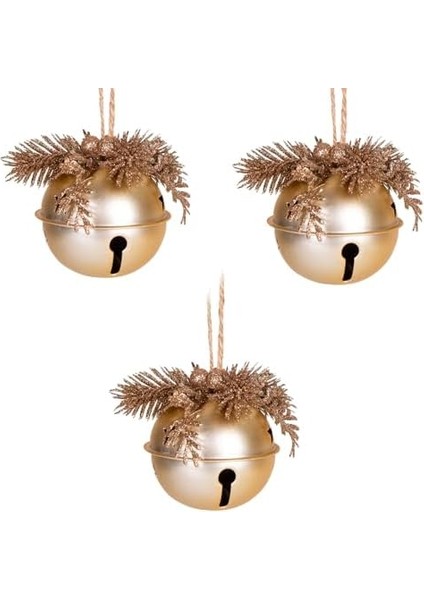 Yılbaşı Ağaç Süsü Çıngıraklı Yılbaşı Topu 3'lü Set Simli Berry Süslü Gold 8 cm .