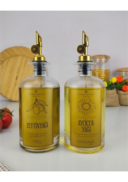 Lombardino 2'li Zeytinyağı ve Sıvıyağ Şişesi Otomatik Kapak Gold Etiketli Yağdanlık 500 ml C1-1-289