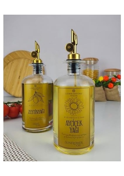 Lombardino 2'li Zeytinyağı ve Sıvıyağ Şişesi Otomatik Kapak Gold Etiketli Yağdanlık 500 ml C1-1-289