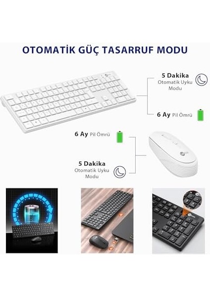 KM2001 Kablosuz Türkçe Q Klavye & Mouse Set - Qwerty Türkçe Dizilim Klavye, 1200DPI Optik Fare, Win/mac Uyumlu, Sıvı Dökülmesine Dayanıklı, Tam Boyutlu Türkçe Q Klavye Mouse Seti Beyaz