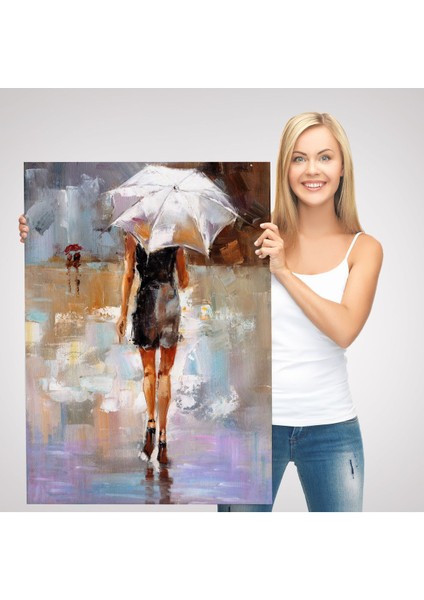 Yağmurda Yürüyen Kadın Yağlıboya Görünüm Dekoratif Kanvas Duvar TABLOSU-5928 modelleri