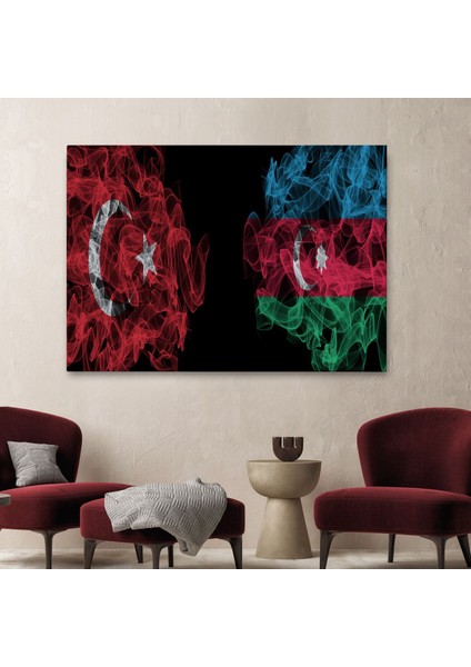 Türkiye Azerbaycan Bayrak Desenli Dekoratif Kanvas TABLO-6518