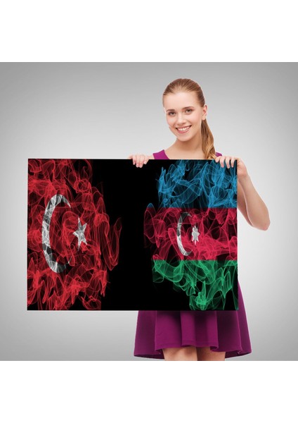 Türkiye Azerbaycan Bayrak Desenli Dekoratif Kanvas TABLO-6518