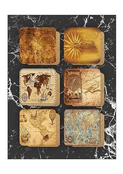Dünya Haritası Temalı Ahşap Bardak Altlığı Ahşap Baskılı Altlık 6'lı Set (9 X9CM) KARBONNM13
