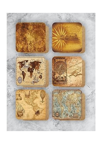 Dünya Haritası Temalı Ahşap Bardak Altlığı Ahşap Baskılı Altlık 6'lı Set (9 X9CM) KARBONNM13