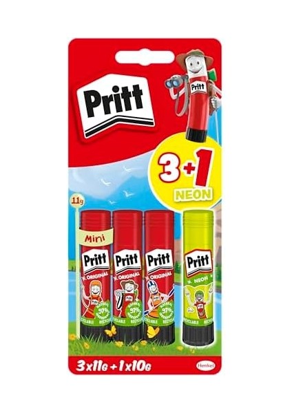 Stick Yapıştırıcı, 3+1 Neon, Güvenli ve Çocuk Dostu El Işi Yapıştırıcısı, Hızlı ve Pratik Yapıştıran Okul ve Ofis Malzemesi, 3 x 11G+1 x 10G Pritt Stick Yapıştırıcı