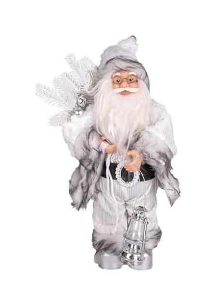 Yılbaşı Noel Baba Beyaz Hediye Çuvallı Fenerli Gümüş-Gri 30 cm .