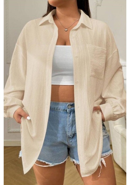 Kadın Bej Tek Cepli Bürümcük Oversize Gömlek