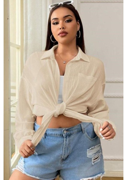 Kadın Bej Tek Cepli Bürümcük Oversize Gömlek