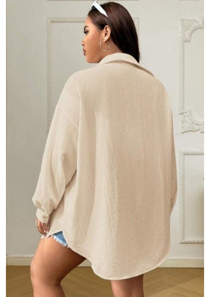 Kadın Bej Tek Cepli Bürümcük Oversize Gömlek