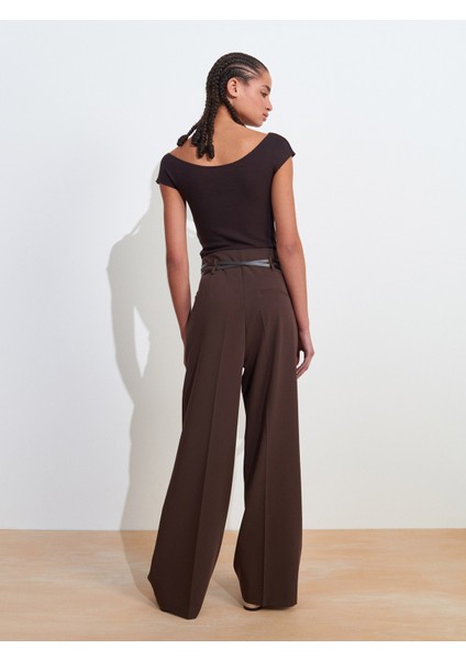 71617 Kemerli Yüksek Bel Pantolon-Kahve fiyatları