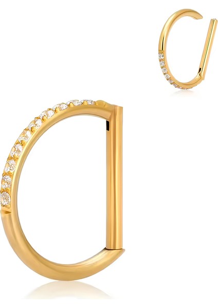 F136 Titanyum D Model Taşlı Septum Piercing - Gold Renk Titanyum Burun Piercing