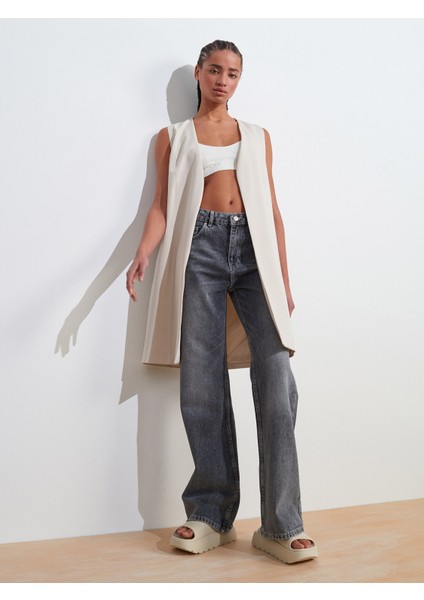 60574 Yanları Pencere Detaylı V Yaka Uzun Yelek-Taş