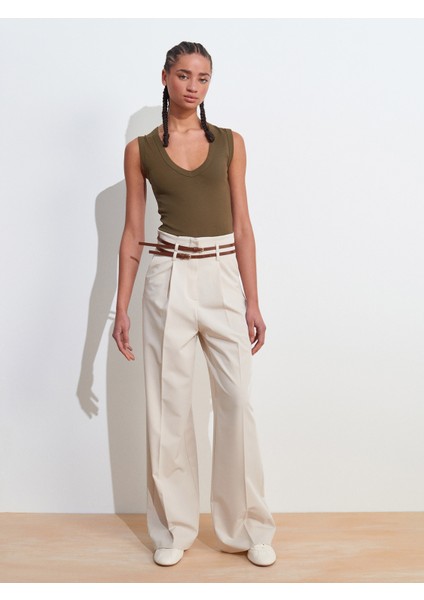 71617 Kemerli Yüksek Bel Pantolon-Taş
