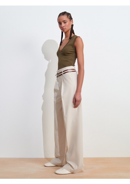 71617 Kemerli Yüksek Bel Pantolon-Taş indirimleri