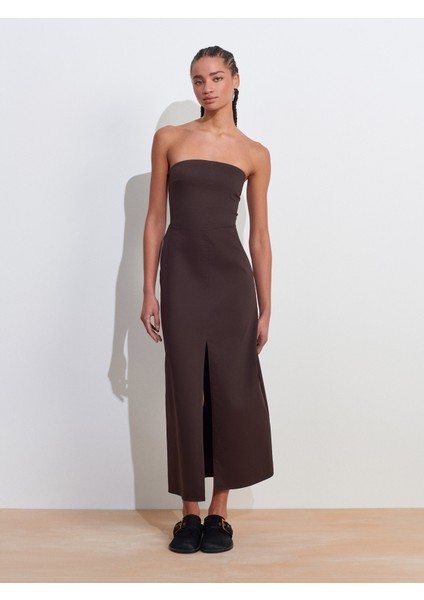 90758 Straplez Elbise-Koyu Kahve