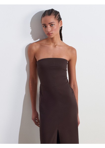 90758 Straplez Elbise-Koyu Kahve modelleri
