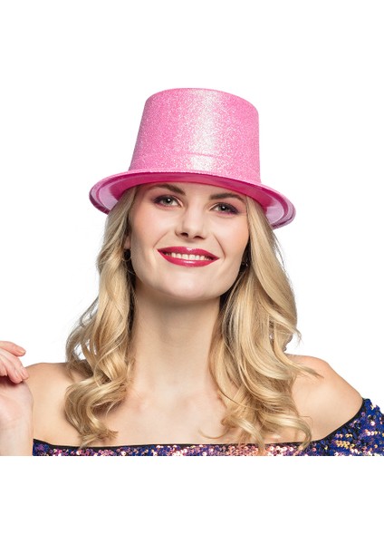 Floresan Pembe Renk Simli Uzun Fötr Melon Şapka 12 cm