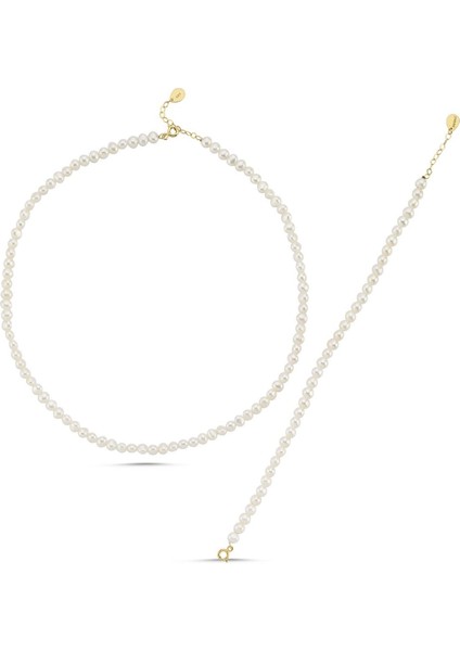 14 Ayar Altın 5 mm Sıralı Top Barok İnci Kolye Bileklik İkili Set