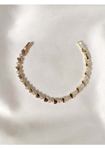 14 Ayar Altın Kaplama Zirkon Taşlı Sıralı Kalp Bileklik