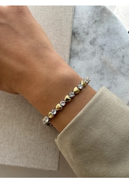 14 Ayar Altın Kaplama Zirkon Taşlı Sıralı Kalp Bileklik fiyatları