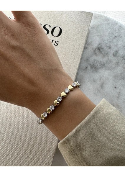 14 Ayar Altın Kaplama Zirkon Taşlı Sıralı Kalp Bileklik modelleri