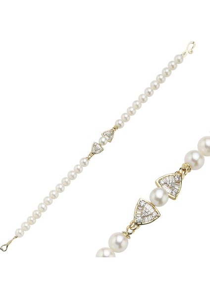 14 Ayar Altın 7 mm Üçgen Model Baget Taşlı Doğal Inci Bileklik