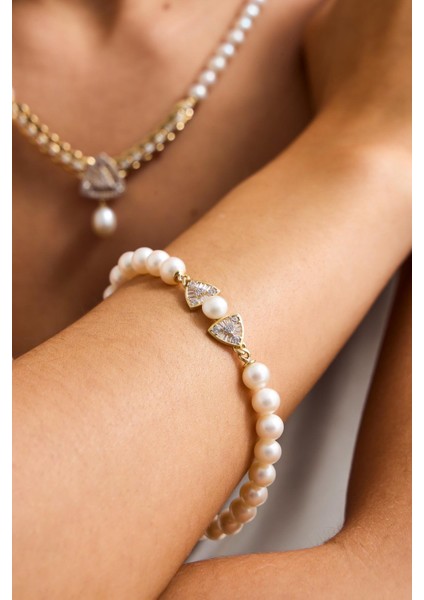 14 Ayar Altın 7 mm Üçgen Model Baget Taşlı Doğal Inci Bileklik fiyatları