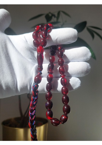 Hareli Sıkma Kehribar Tesbih, 8 x 10 mm, Beyzi Kesim, Örgü Saçak Püskül